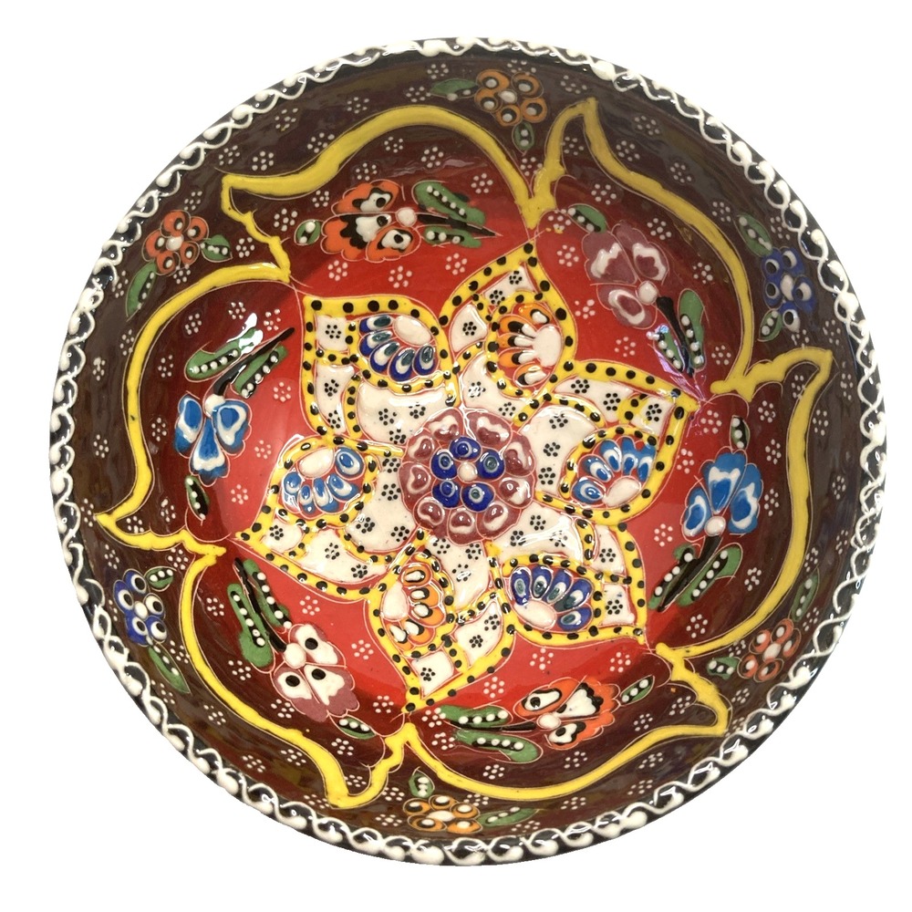 Vtg Turkish Hand Painted Ceramic Floral Colorful Small Bowl 6.25"